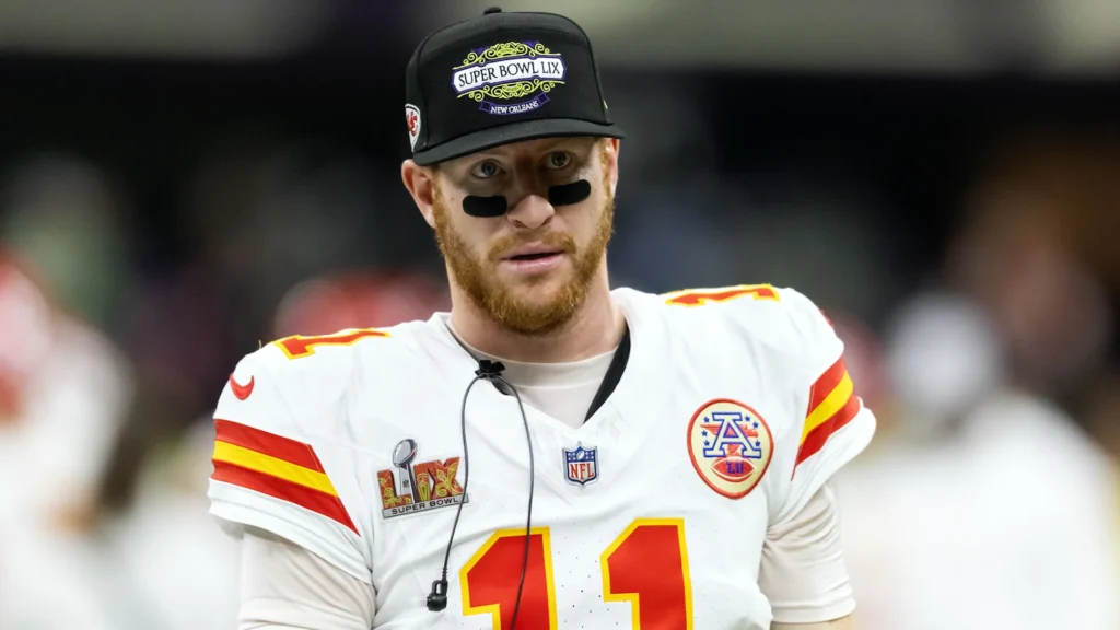 Kansas City Chiefs quarterback Carson Wentz (11) against the Philadelphia Eagles in Super Bowl LIX at Ceasars Superdome.