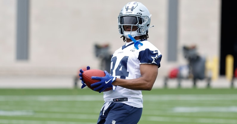 Dallas Cowboys running back Jaydon Blue goes through a drill during practice