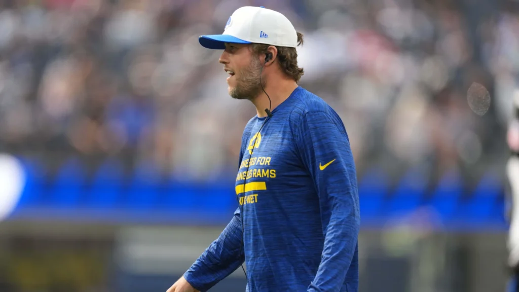 Los Angeles Rams quarterback Matthew Stafford watches from the sidelines during the first half against the Dallas Cowboys at SoFi Stadium.